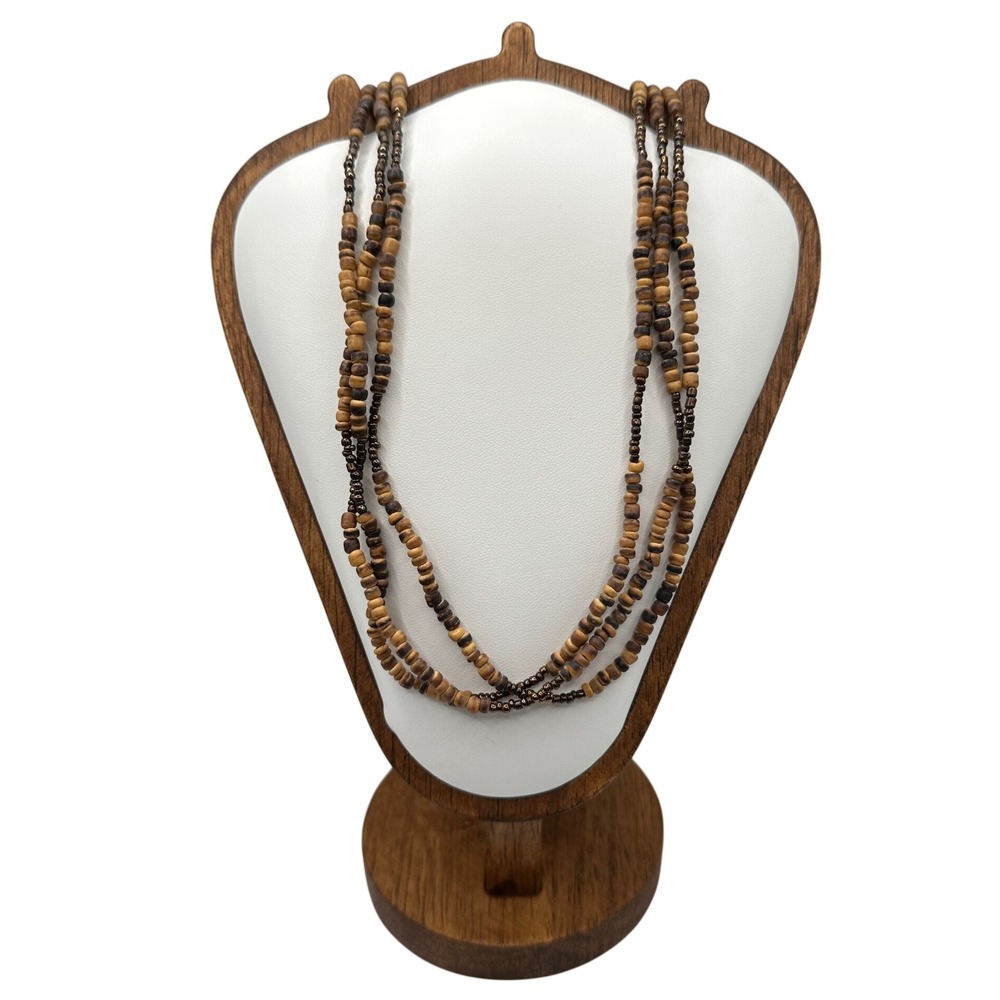 VTG‎ Multi Strand Wood Bead Necklace Bronze Seed Beads Boho Layered Brown 24in